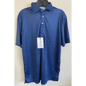 Collars & Co Semi-Spread Collar Polo MED Relaxed Navy & White Geometric NWT